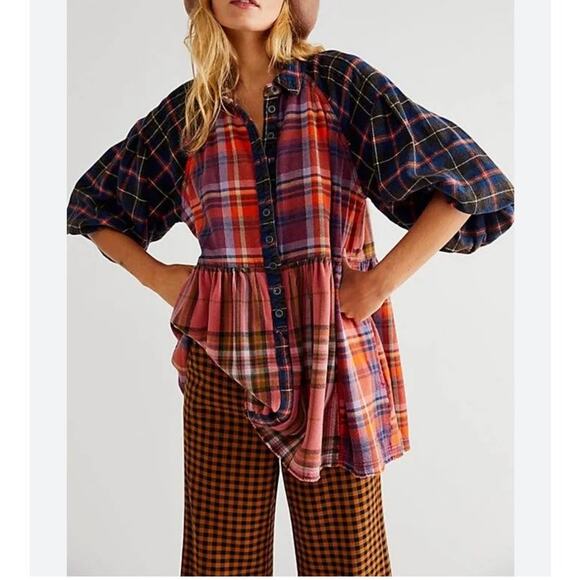 Free People Blouse XS Oversize Moon Bay Mixed Plaid Flannel Berry Combo - Picture 11 of 11